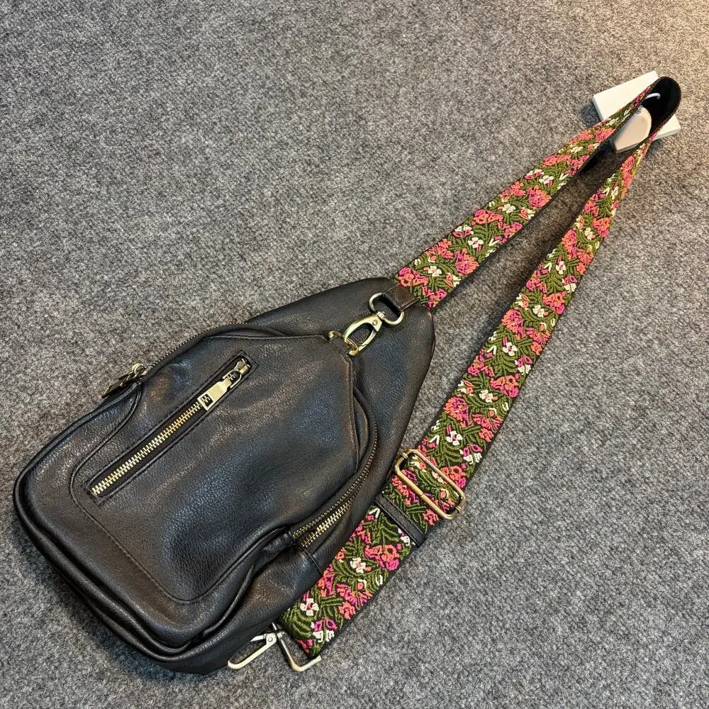Antik Kraft Black Vegan Leather Sling Backpack Crossbody Bag Patterned Strap